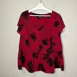 Michel Studio Black and Red Front Button Blouse Flutter Sleeves